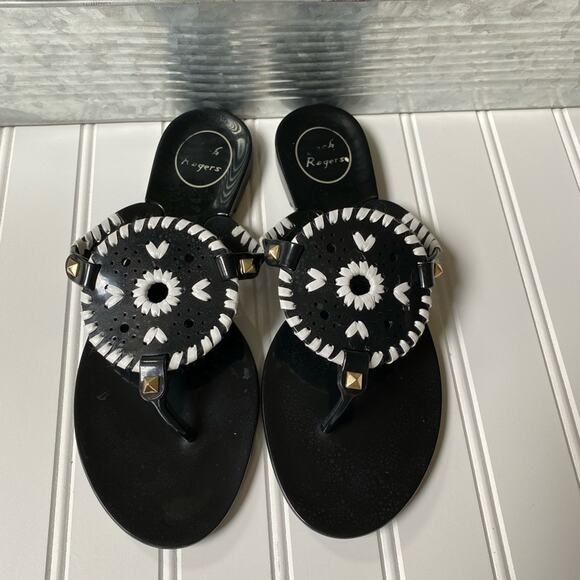 Jack Rogers sandals 7 black white jelly studded whipstitched flip flop - Picture 3 of 8